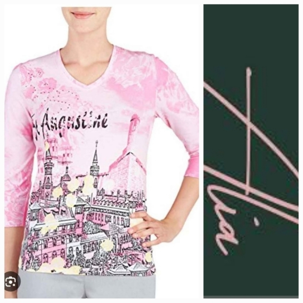 NWT sz M Alia Pink St. Augustine Graphic V-Neck Top